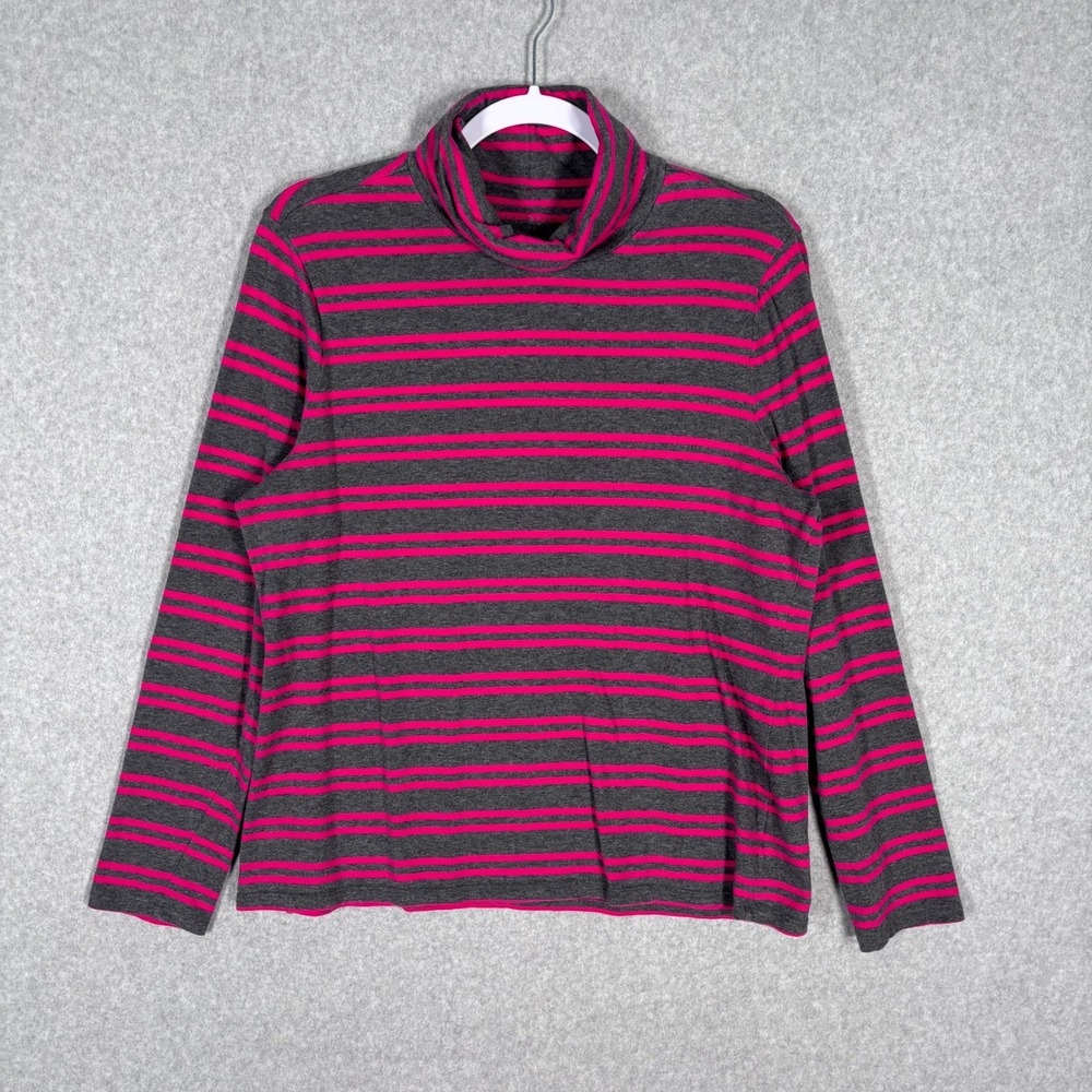 Talbots Turtleneck Top Shirt Large Gray Pink Striped Cotton Stretch Base Layer